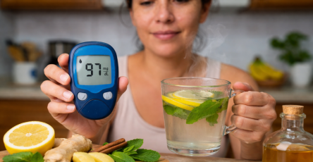 Mujer con medidor y bebida detox 1160x653