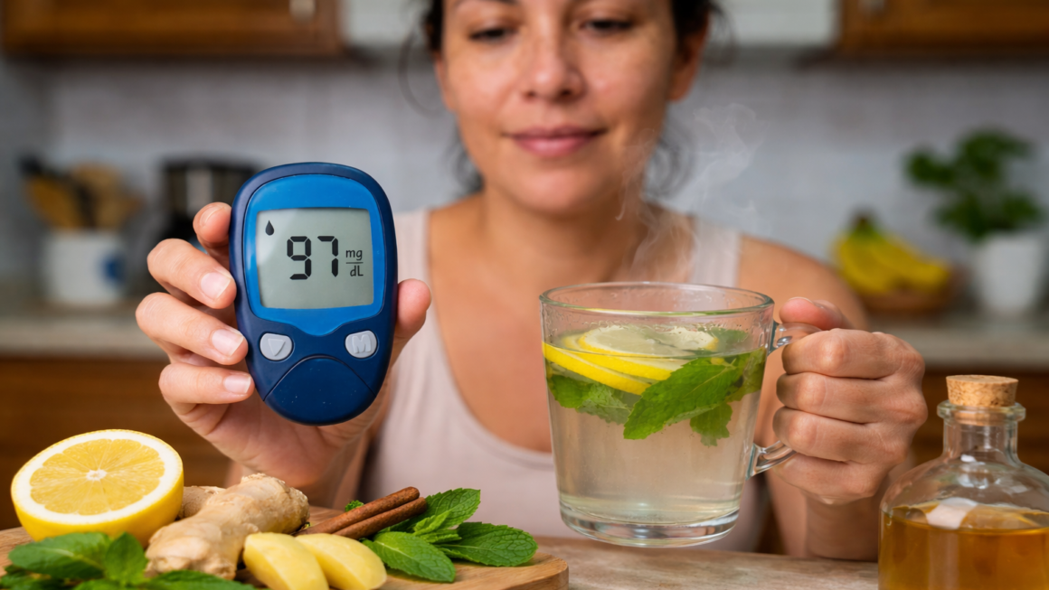 Mujer con medidor y bebida detox 1160x653